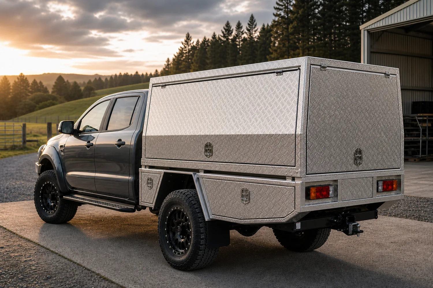 Custom aluminium ute canopy fabricated by Specialised Stainless, on a ute at dusk in rural South Auckland