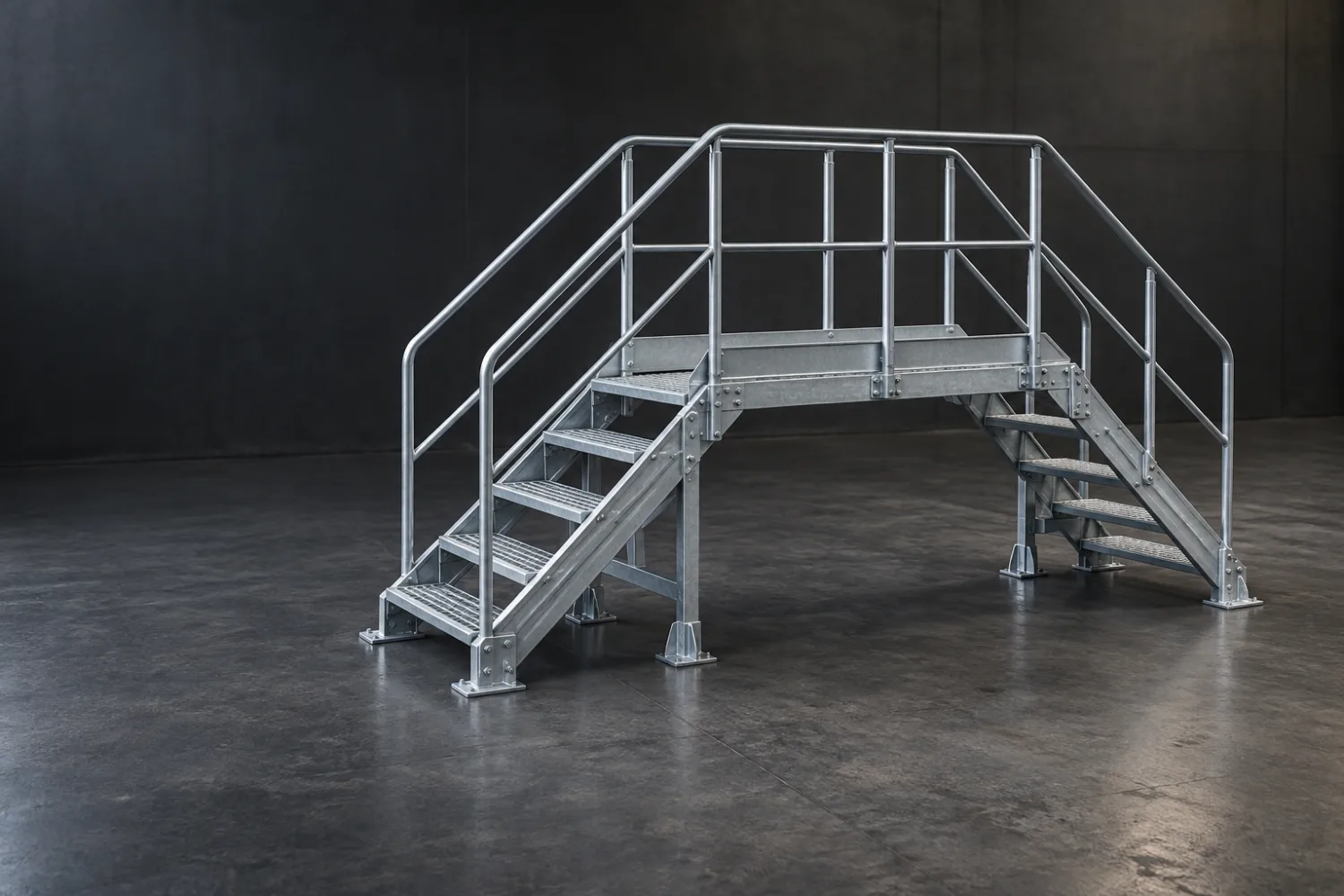Concept illustration of a custom metal industrial stepover platform with stairs and handrails