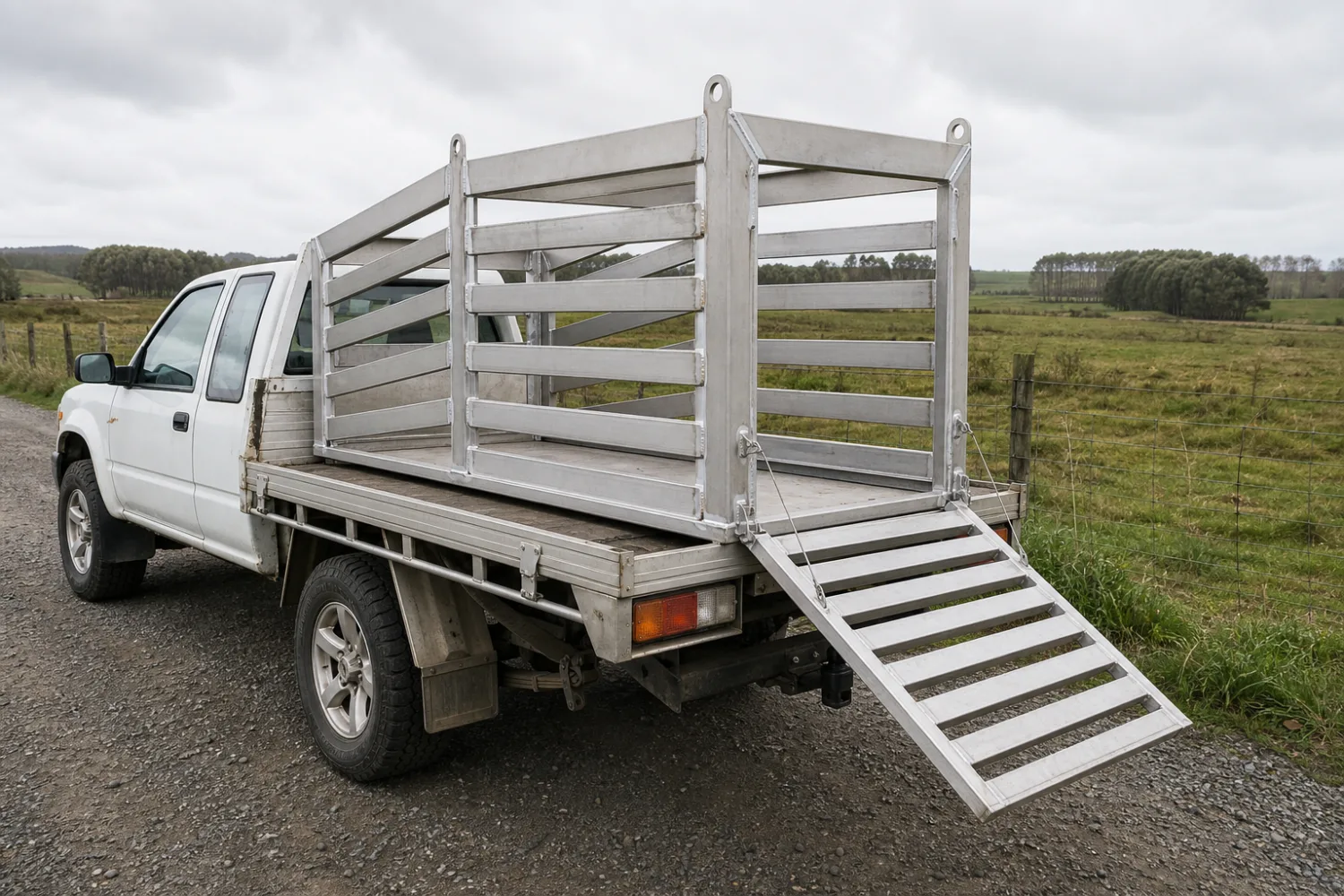 Custom fabricated aluminium lift-off stock crate with a rear ramp door fitted to a flat-deck ute, made by Specialised Stainless