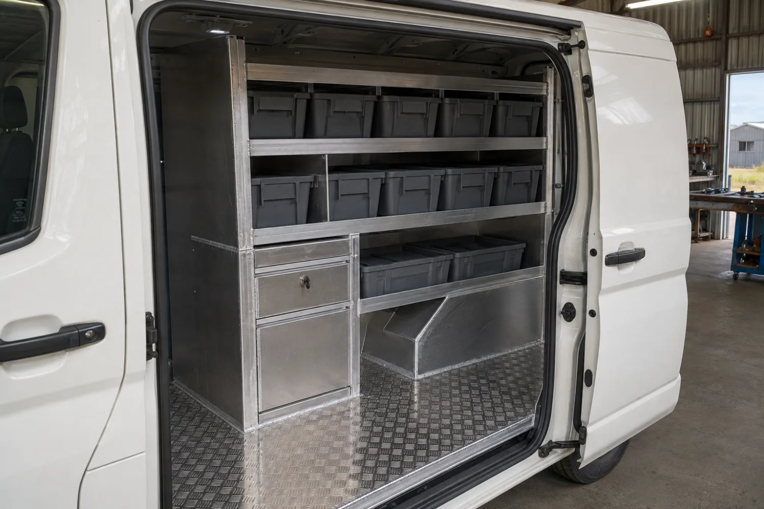 Custom fabricated aluminium van shelving and drawer fit-out inside a tradie van, made by Specialised Stainless