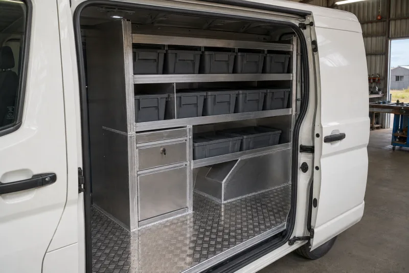 Custom fabricated aluminium van shelving and drawer fit-out inside a tradie van