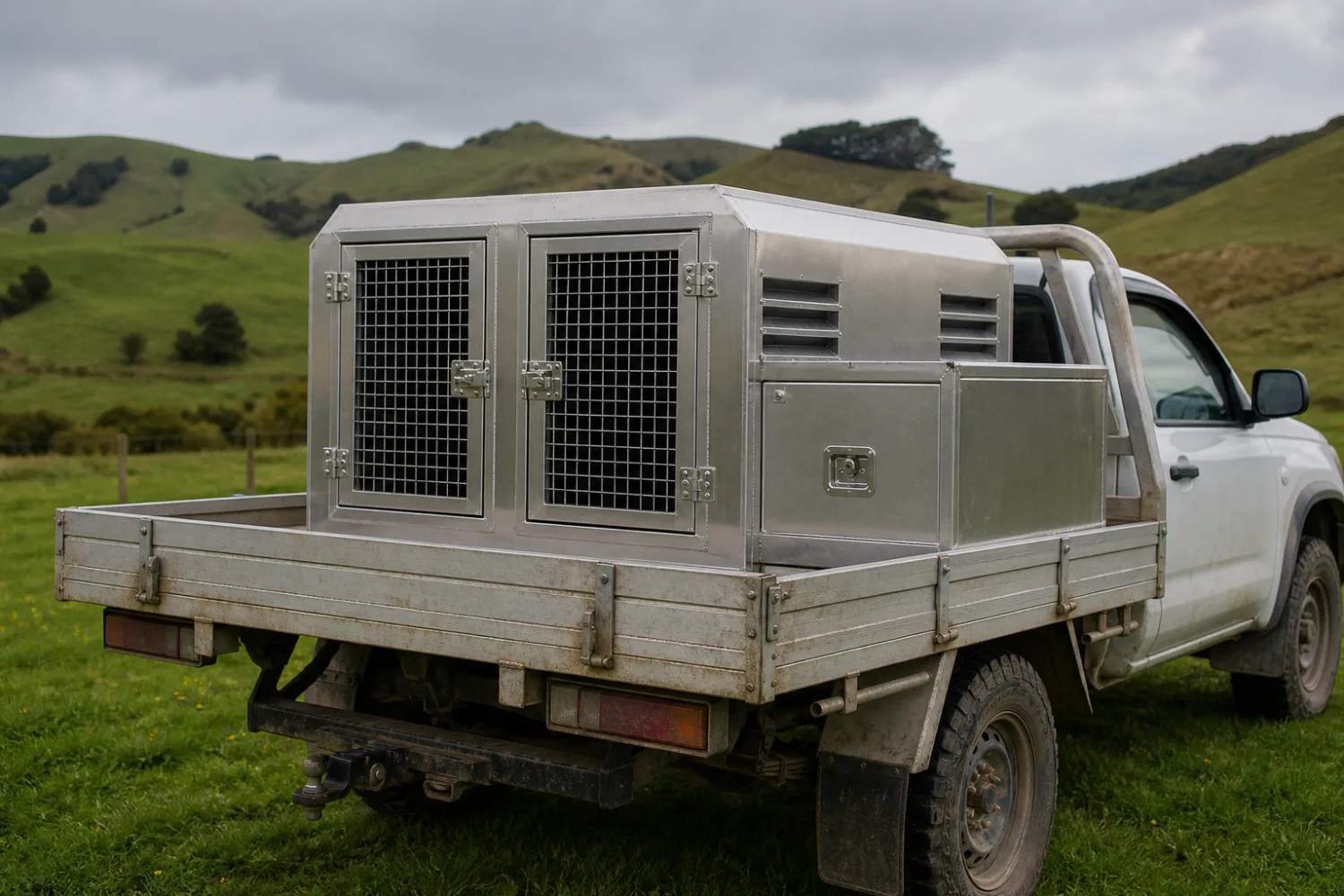 Custom aluminium double-bay dog box with louvred vents fitted to a flat-deck ute, fabricated by Specialised Stainless