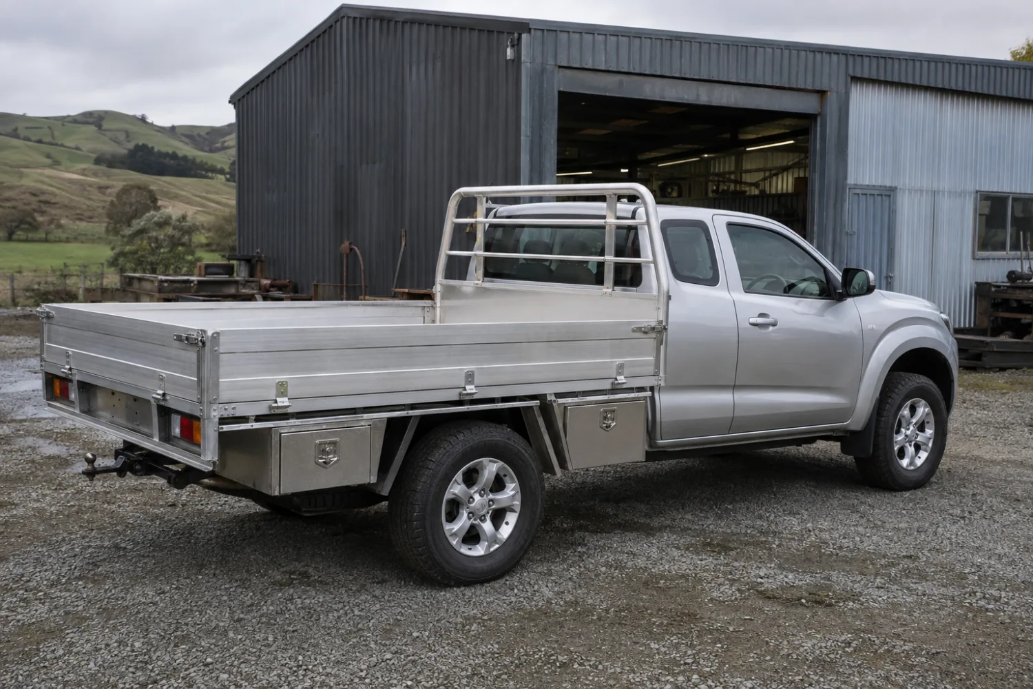 Custom heavy-duty aluminium flat-deck ute tray with headboard and drop sides, fabricated by Specialised Stainless