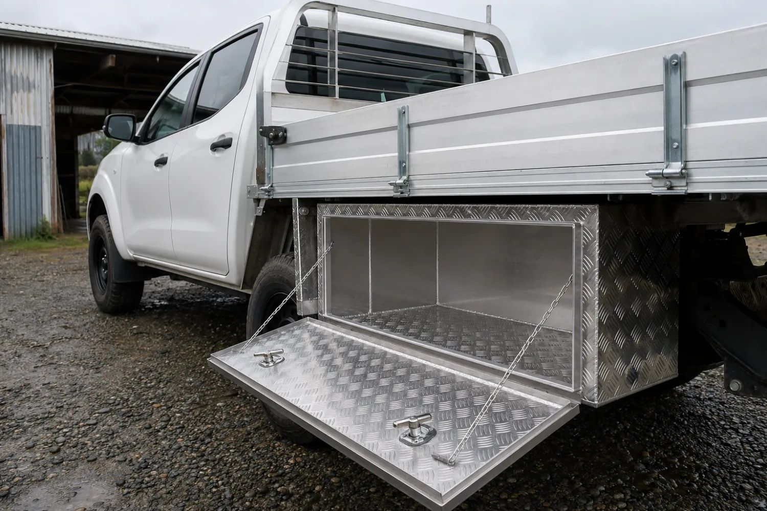 Custom aluminium checker-plate ute toolbox fitted under a flat-deck tray, fabricated by Specialised Stainless