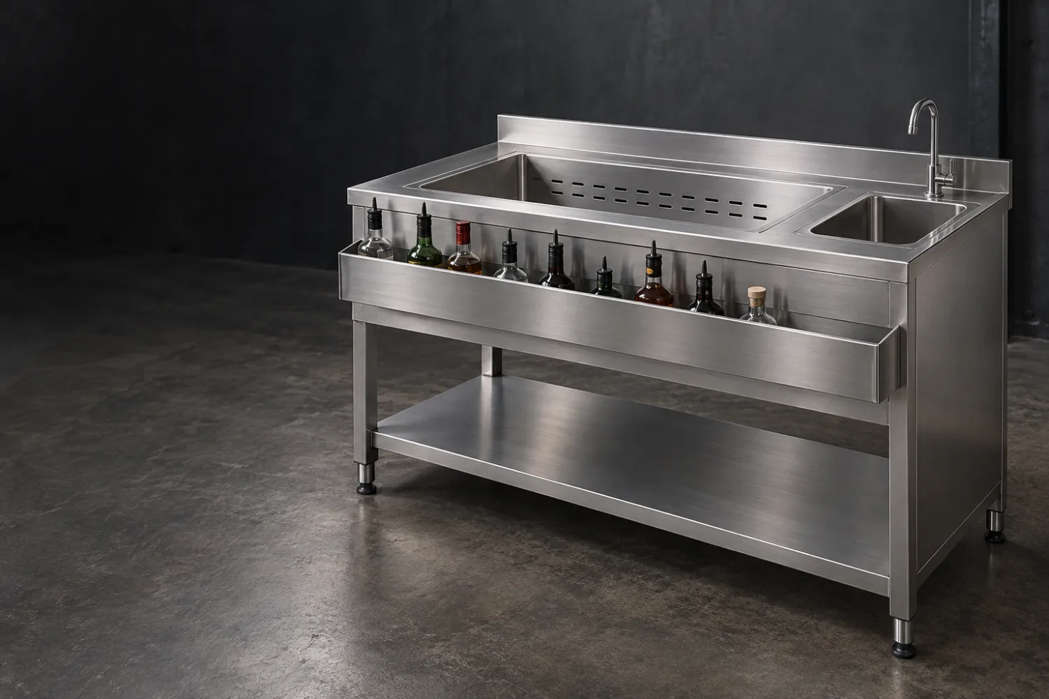 Concept illustration of a stainless cocktail station with an ice well and bottle rail