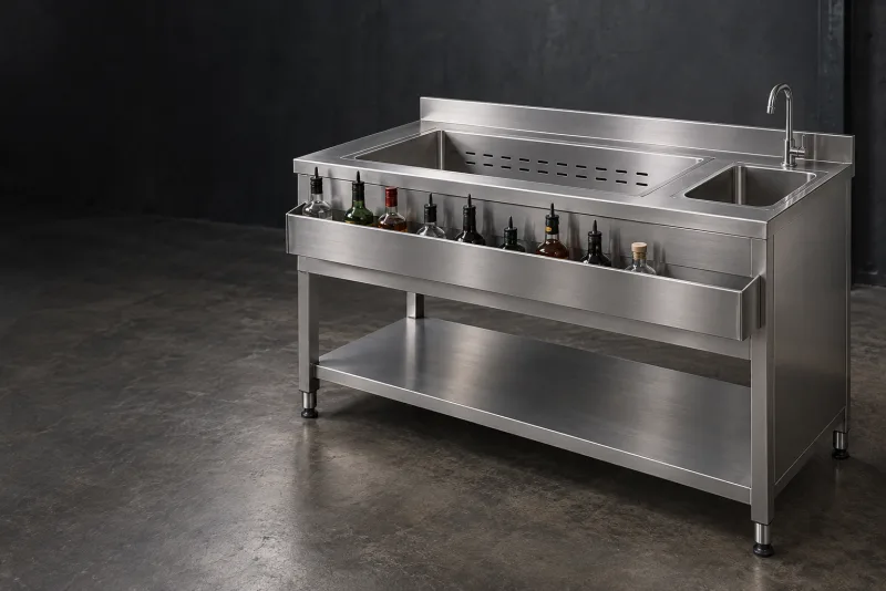 A stainless cocktail station with an ice well and bottle rail
