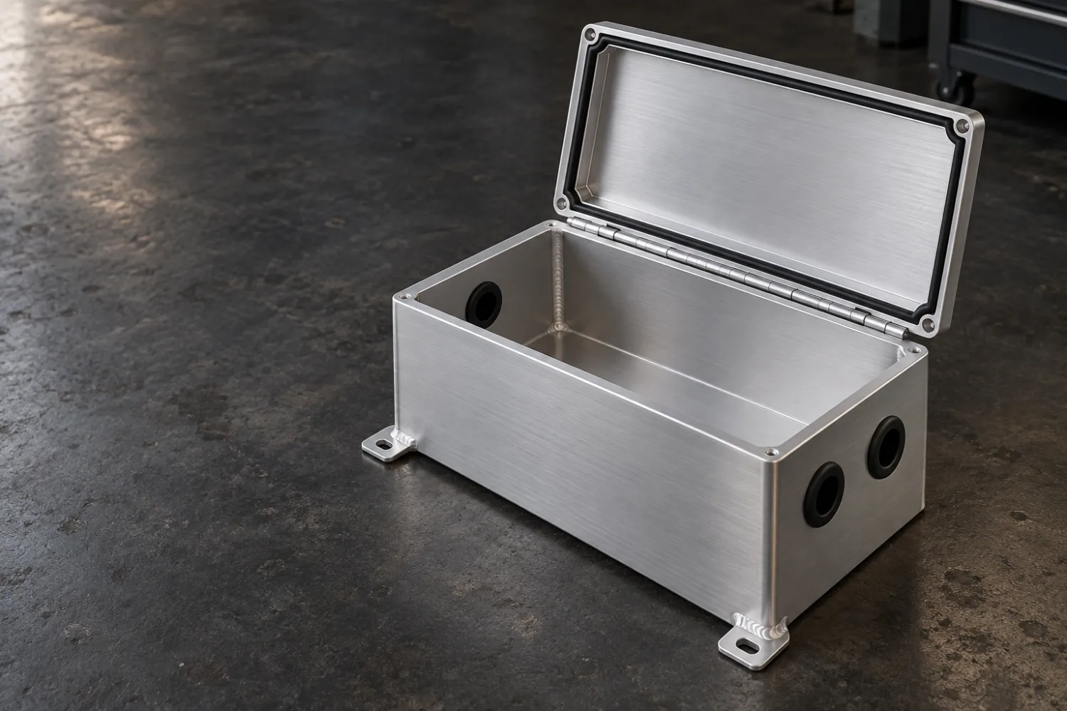 Concept illustration of an empty aluminium battery enclosure with an open hinged lid, cable entries and mounting feet