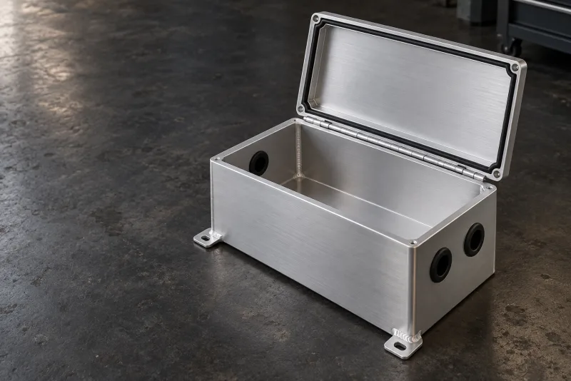 An empty aluminium battery enclosure with an open hinged lid, cable entries and mounting feet