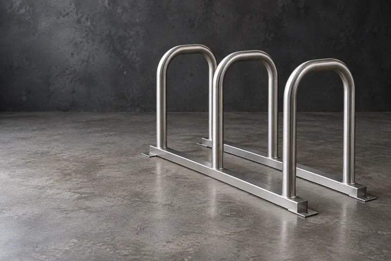 A stainless bicycle parking rack with three inverted U hoops on base rails