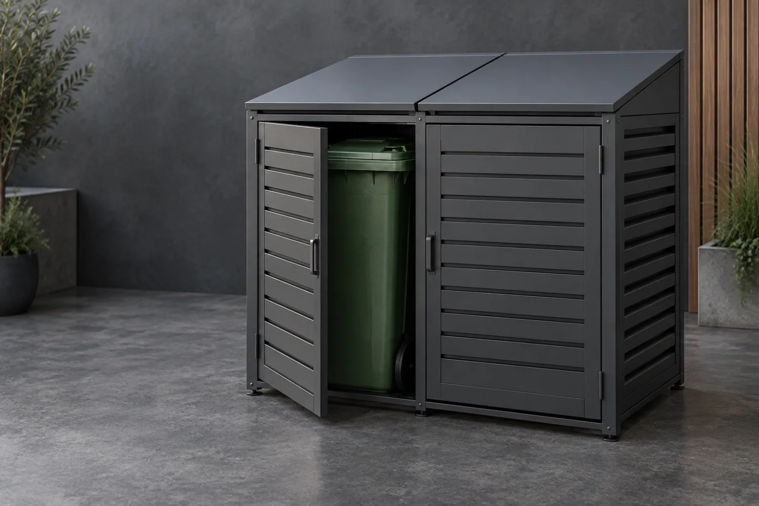 Concept illustration of a charcoal metal enclosure for two wheelie bins with separate front doors and top lids