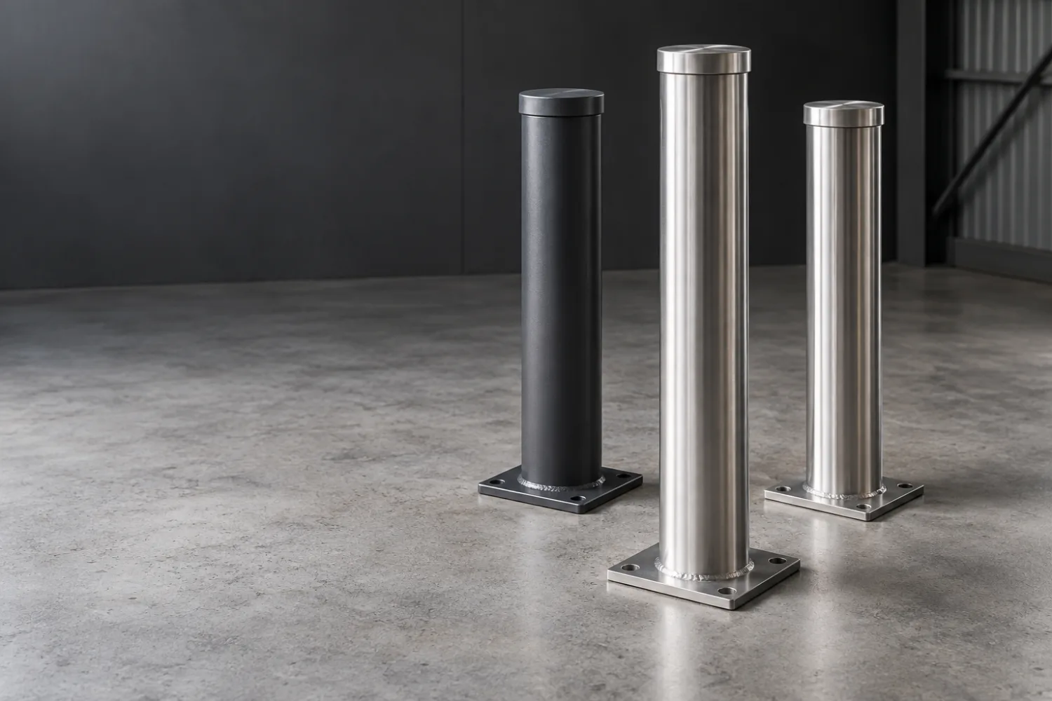 Concept illustration of two stainless bollards and a charcoal bollard with baseplates