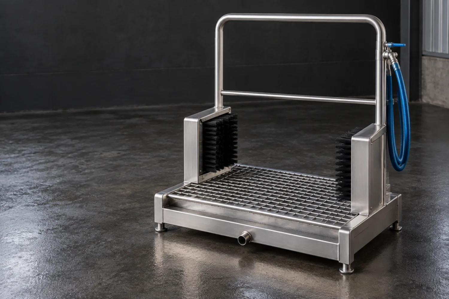 Concept illustration of a manual stainless boot wash station with removable grate and side brushes