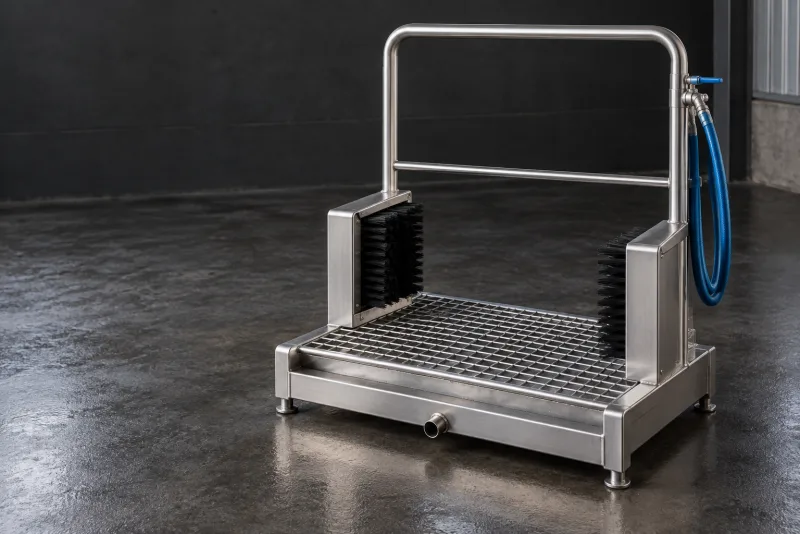 A manual stainless boot wash station with removable grate and side brushes