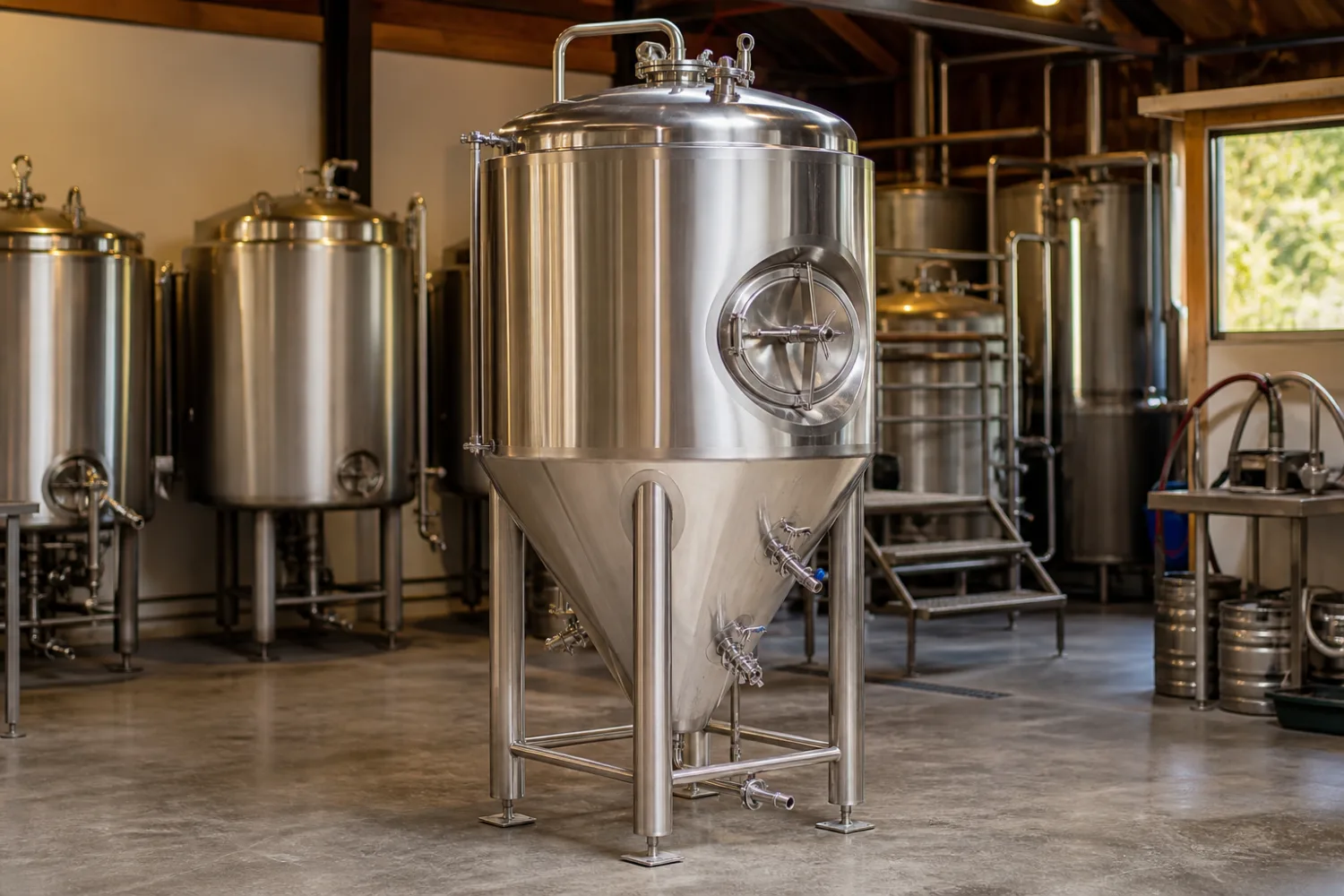 Custom stainless steel conical brewery fermenter with cooling jacket, fabricated by Specialised Stainless