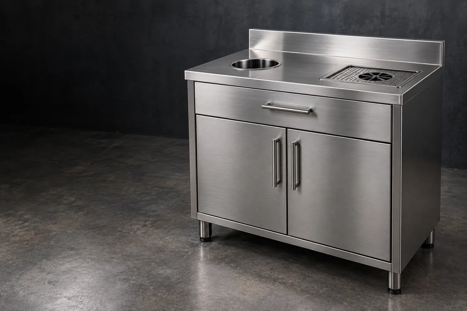 Concept illustration of a stainless coffee station with a waste opening, rinser, drawer and cupboards