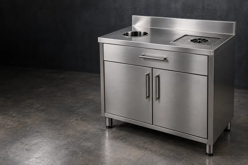 A stainless coffee station with a waste opening, rinser, drawer and cupboards