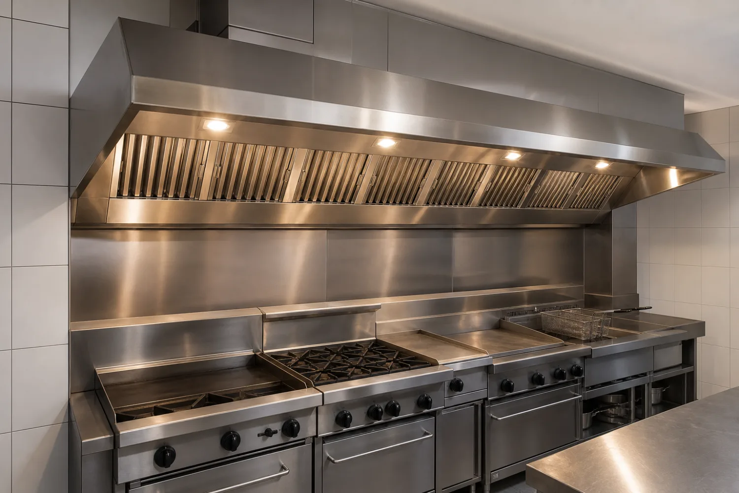 Custom stainless steel commercial kitchen extraction canopy fabricated by Specialised Stainless