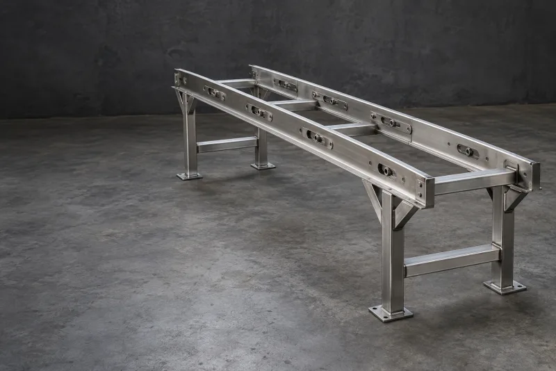 An empty stainless steel conveyor frame with side rails, crossmembers and feet