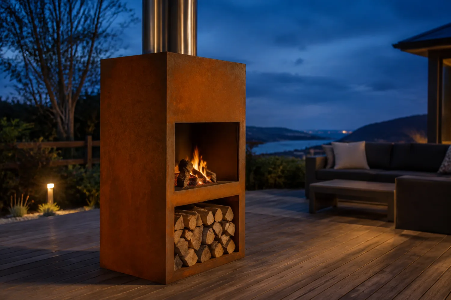 Custom fabricated corten steel outdoor fireplace with a stainless flue and wood store on a deck, made by Specialised Stainless