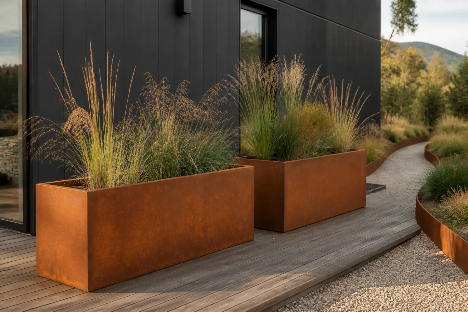Custom fabricated corten steel planter boxes with a rusted patina on a timber deck, made by Specialised Stainless