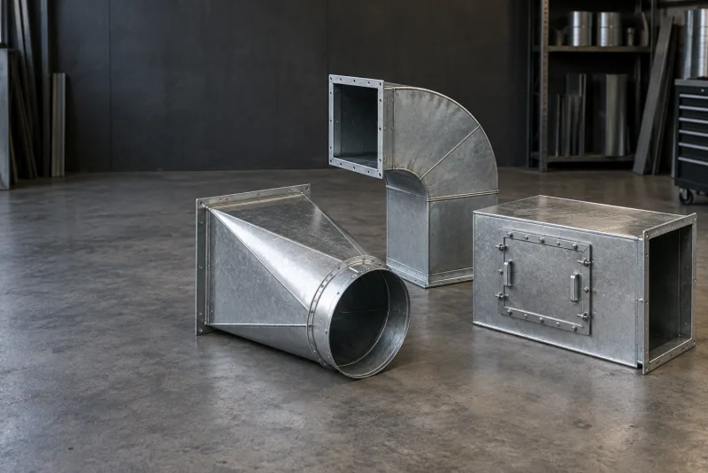 A custom metal rectangular-to-round duct transition with flanged connections