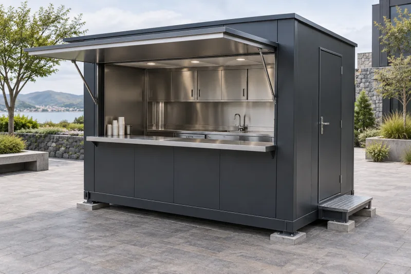 A compact charcoal metal kiosk with a raised serving hatch, stainless counter and fitted metal interior benches
