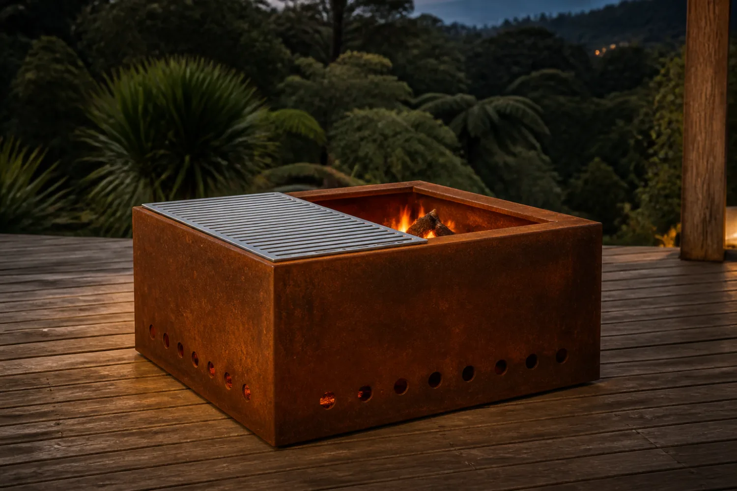 Custom heavy-plate steel fire pit with grill plate on a deck, made by Specialised Stainless
