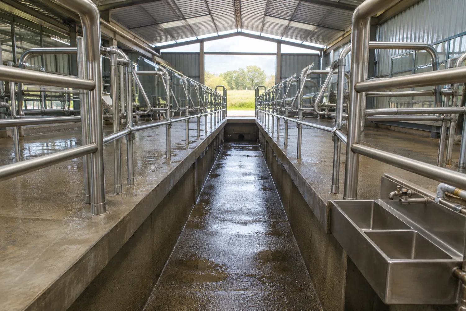 Stainless steel breast rails and wash tub in a New Zealand herringbone dairy shed, fabricated by Specialised Stainless