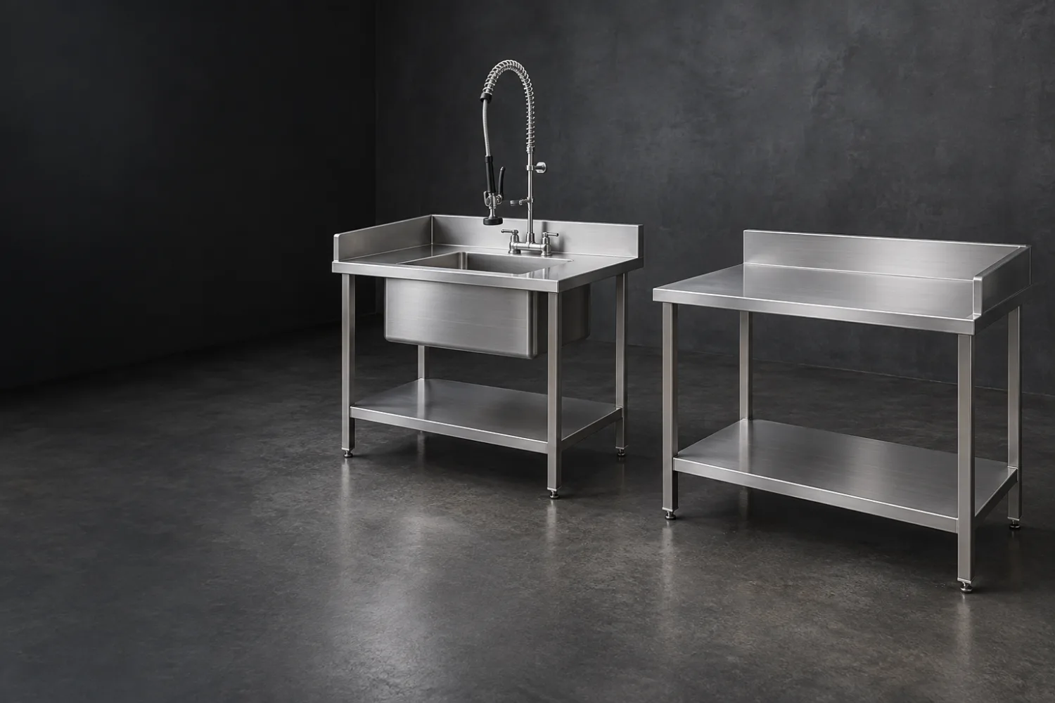 Concept illustration of stainless dishwasher inlet and outlet benches with a wash bowl