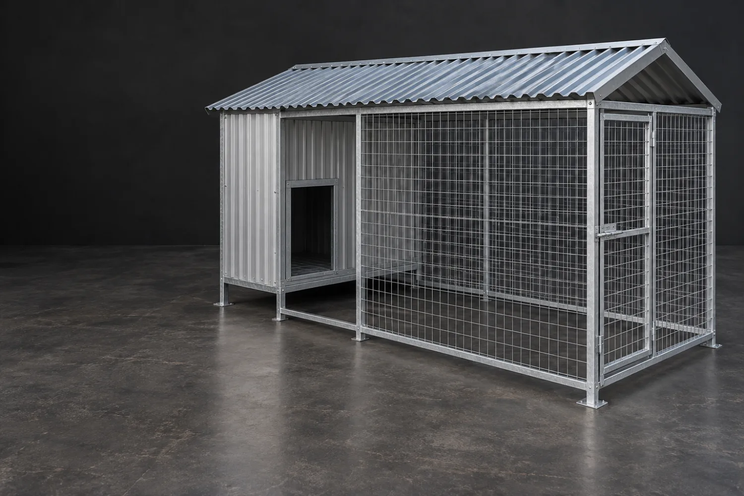 Concept illustration of a metal-framed dog kennel and mesh run with a sheltered sleeping compartment