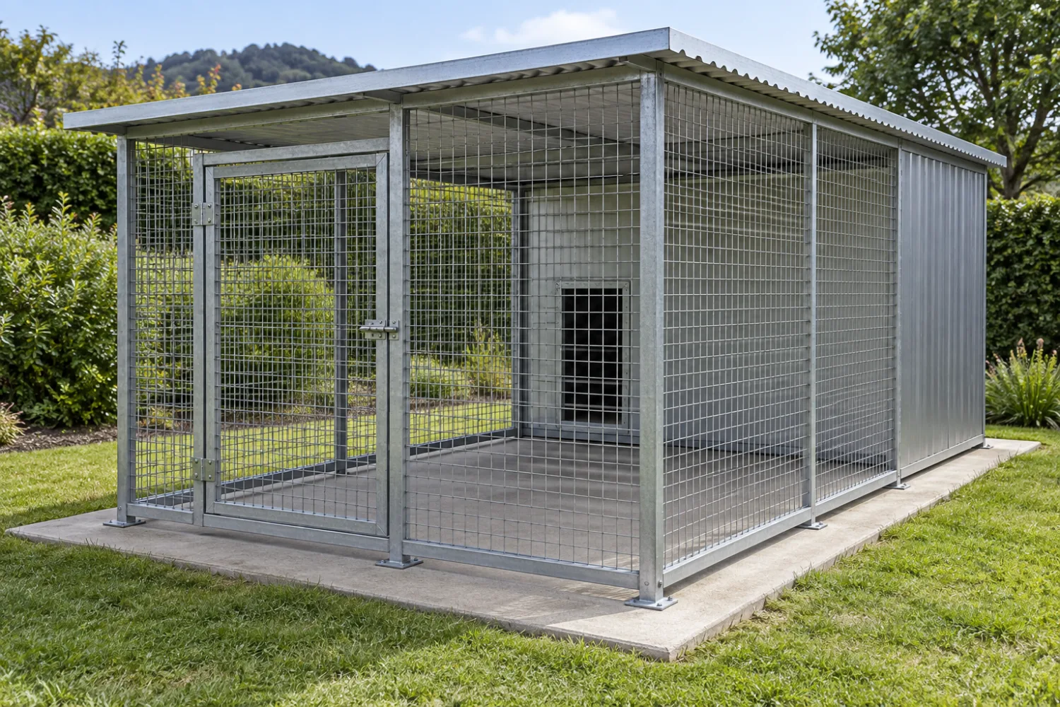 An all-metal kennel and covered mesh run with the sleeping-compartment doorway opening inside the run