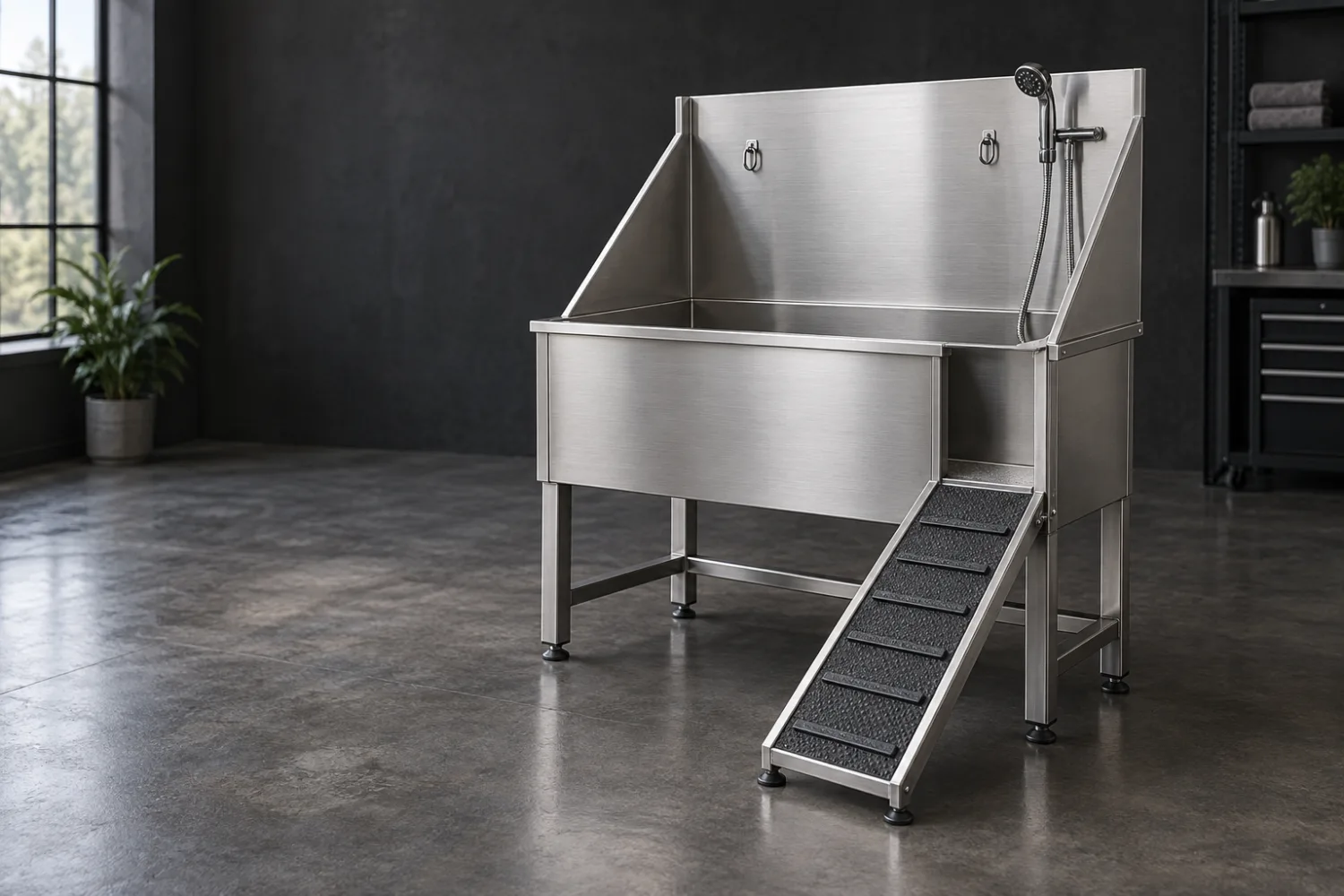 Concept illustration of a fixed-height stainless dog wash bath with a splash panel