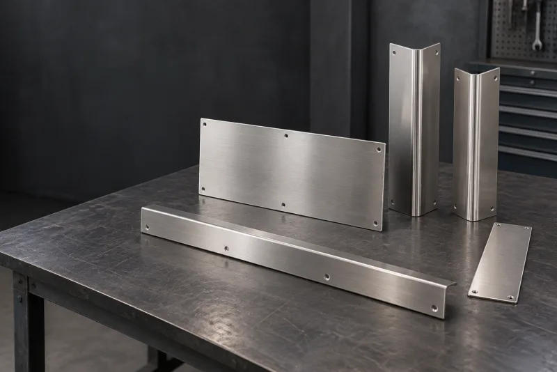 A coordinated set of stainless kickplates, folded corner guards and wall strips