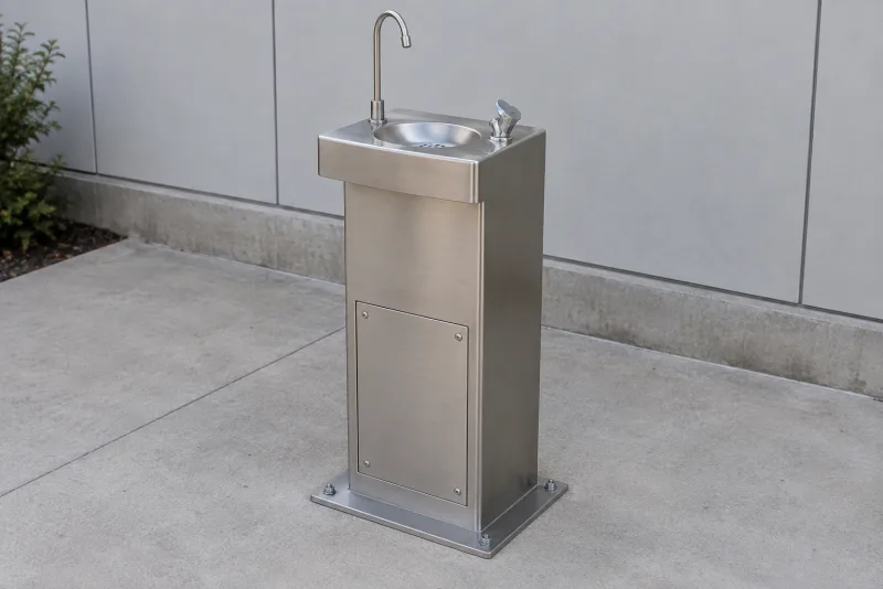 A stainless pedestal drinking fountain with a basin, bottle-fill tap and removable service panel