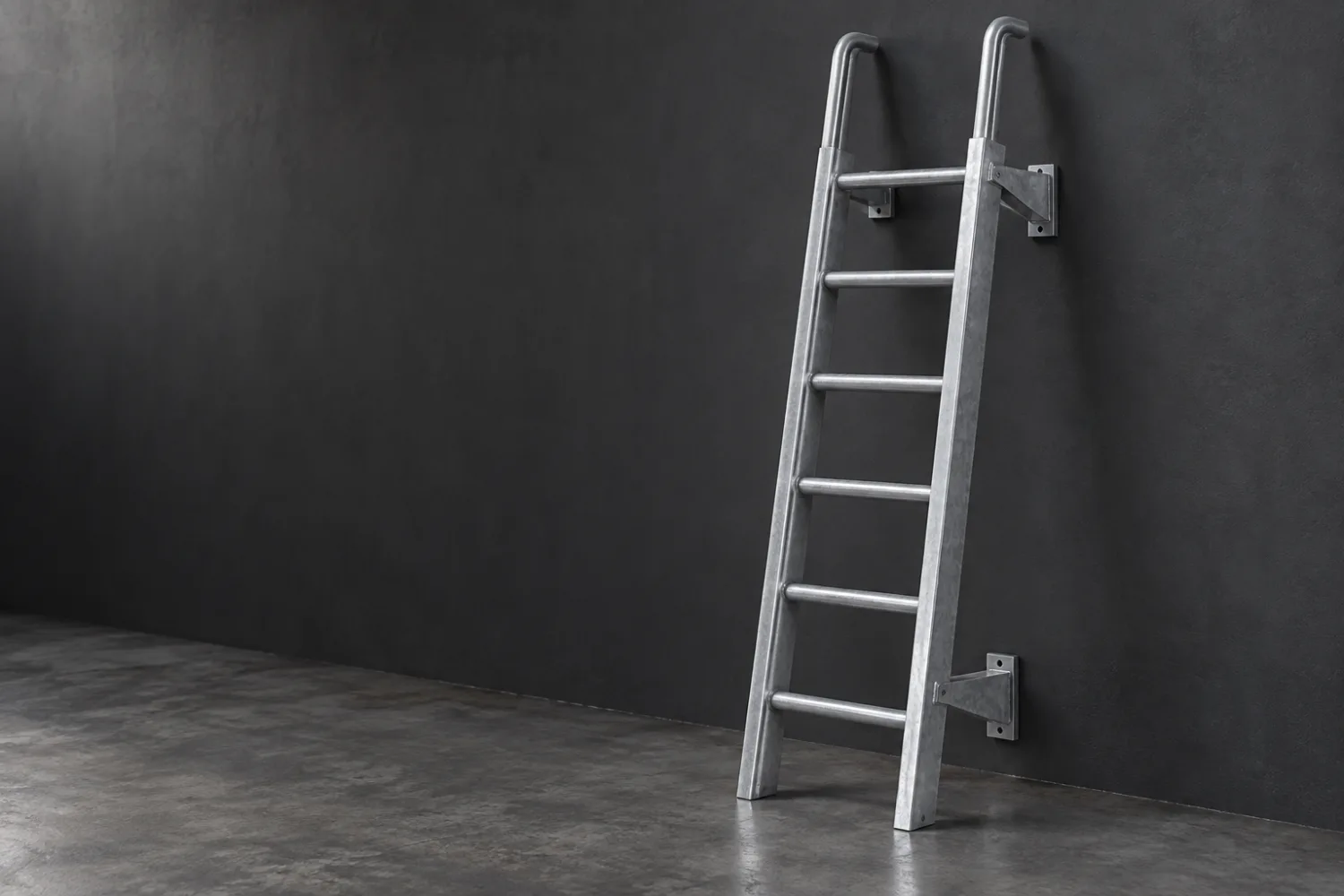 Concept illustration of a metal fixed access ladder with mounting brackets and extended handholds