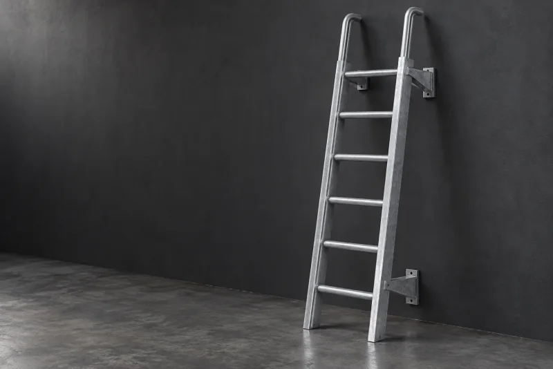 A metal fixed access ladder with mounting brackets and extended handholds