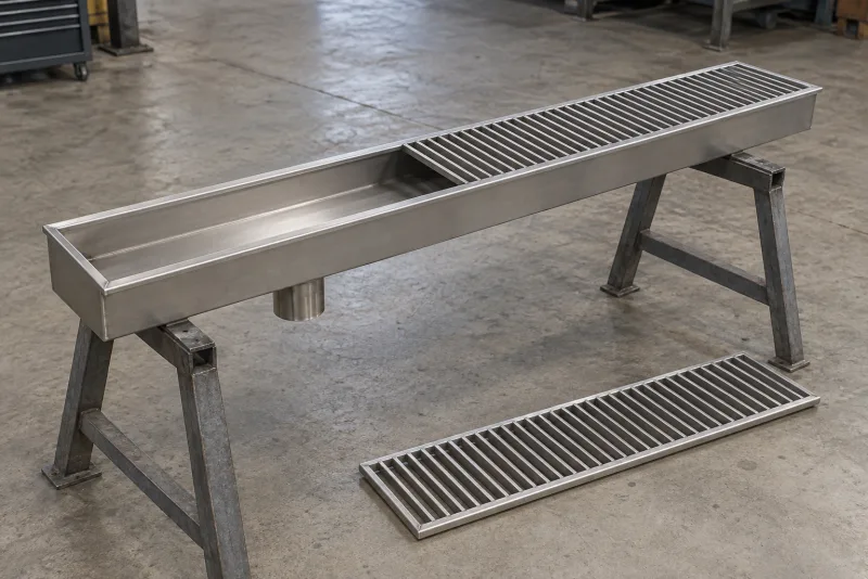 A stainless channel drain on steel supports with a removable grate section and an underside outlet