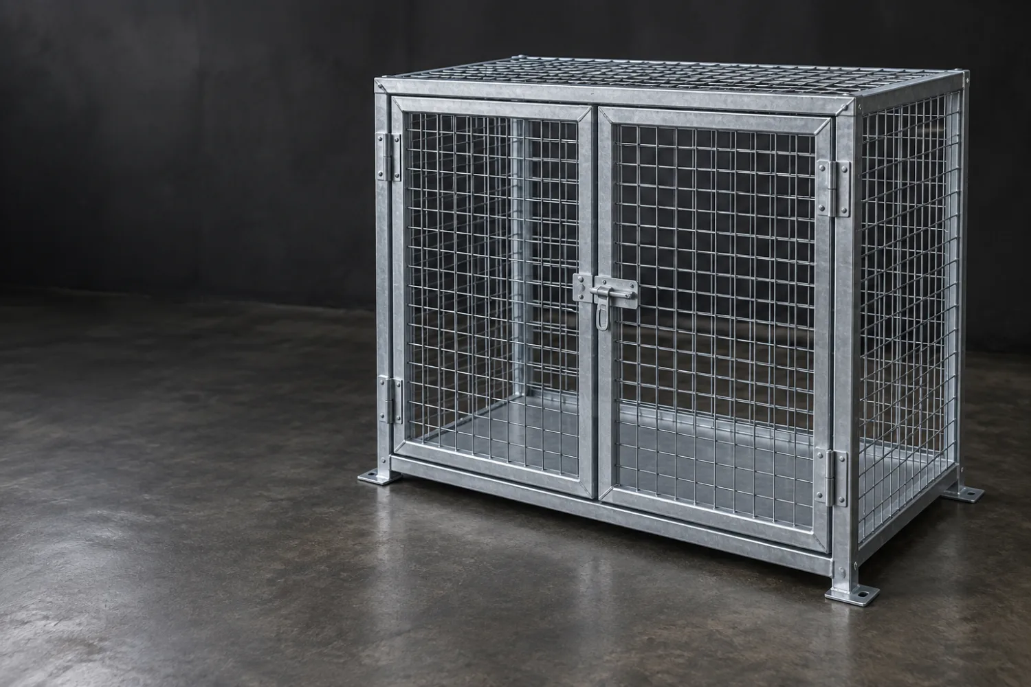 Concept illustration of an empty galvanised mesh gas cylinder storage cage with double doors and mounting feet
