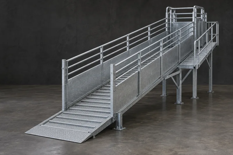A galvanised livestock loading ramp with solid lower sides, railed upper sides and a top access gate