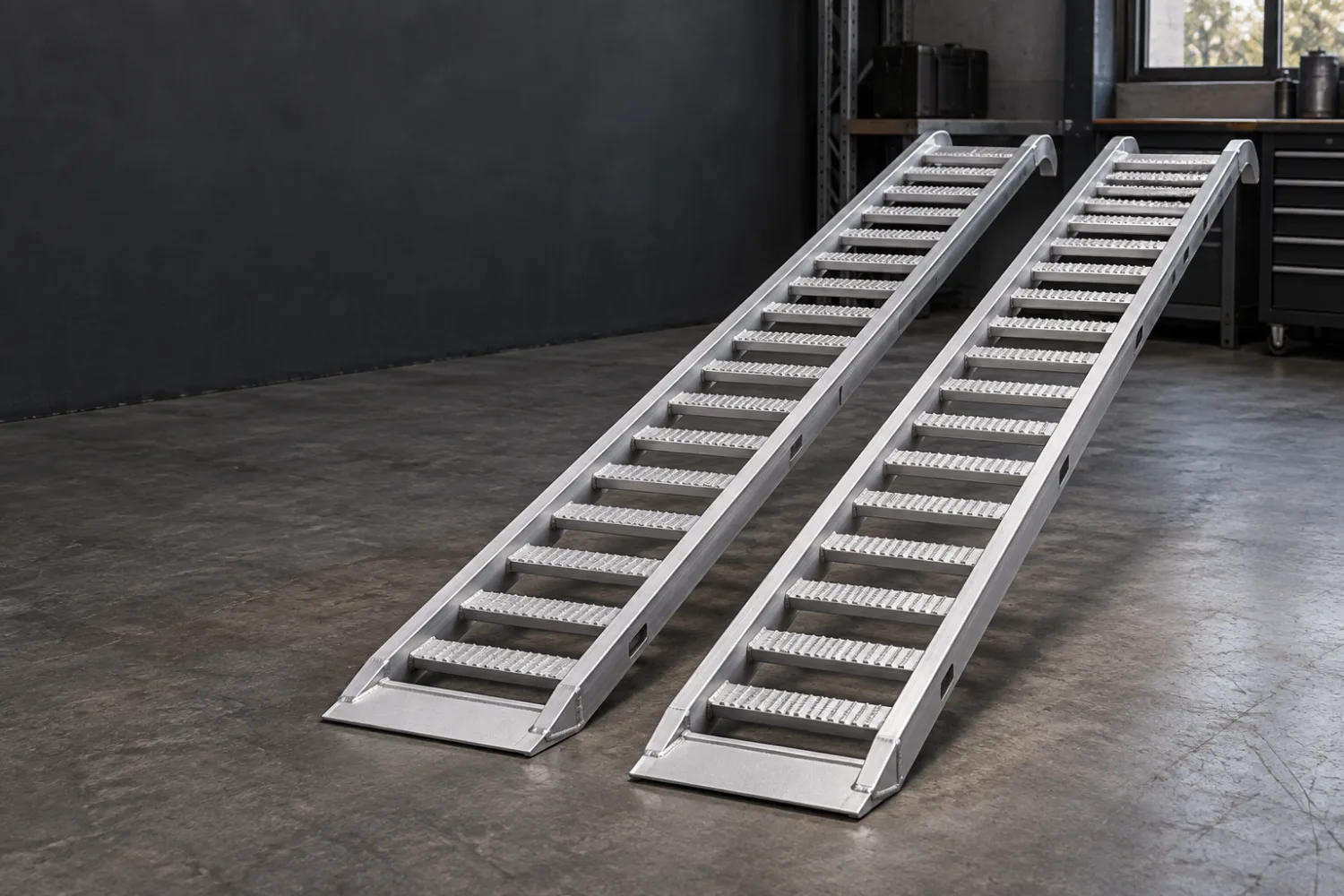 Concept illustration of a pair of aluminium equipment loading ramps with grip rungs and attachment lips