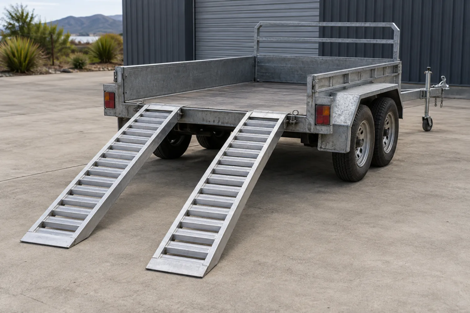 Two aluminium loading ramps secured to a metal trailer with their lower ends resting on concrete