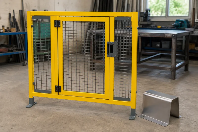 A metal mesh machine guard with a hinged door beside a folded metal belt guard