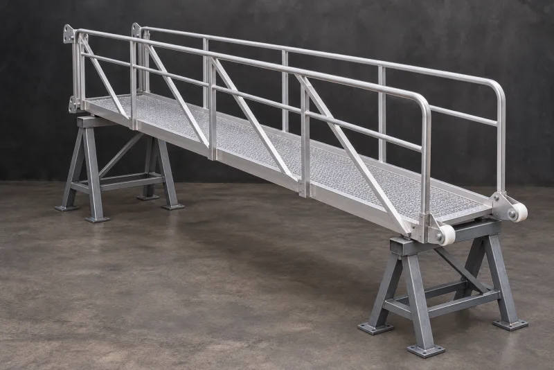 An aluminium gangway with metal decking and handrails resting on steel workshop trestles