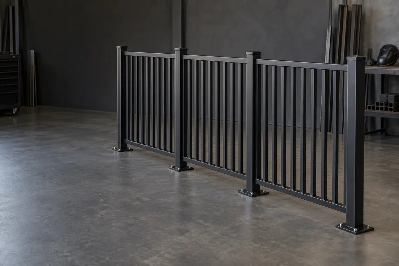 Three dark metal fence panels with four posts and base plates
