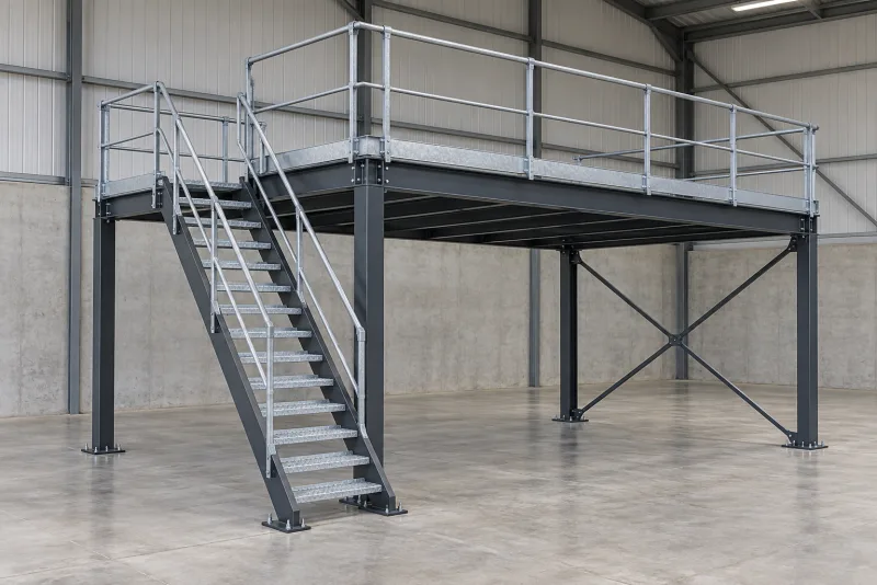 A freestanding steel mezzanine with metal grating floor, braced columns and a connected staircase