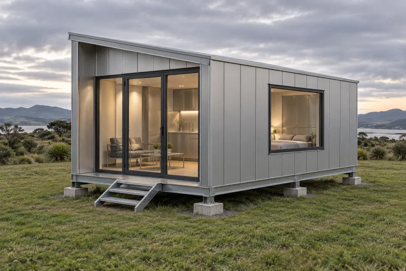 A modern silver metal mini home with a shallow pitched roof, broad glazed doors and a raised metal base on concrete pads