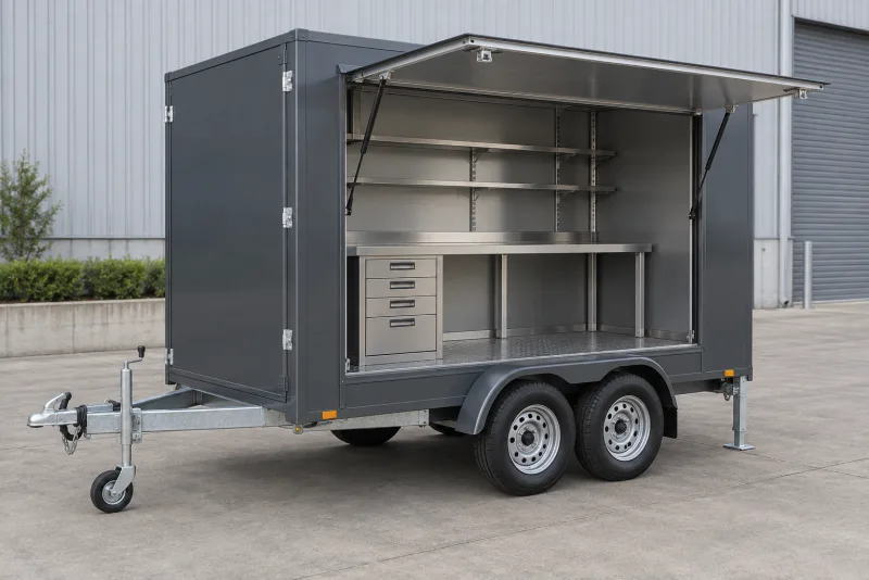 A metal mobile workshop trailer with an open side compartment, supported workbench and organised drawers
