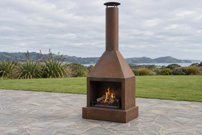 A steel outdoor fireplace with a hood and flue on broad noncombustible paving