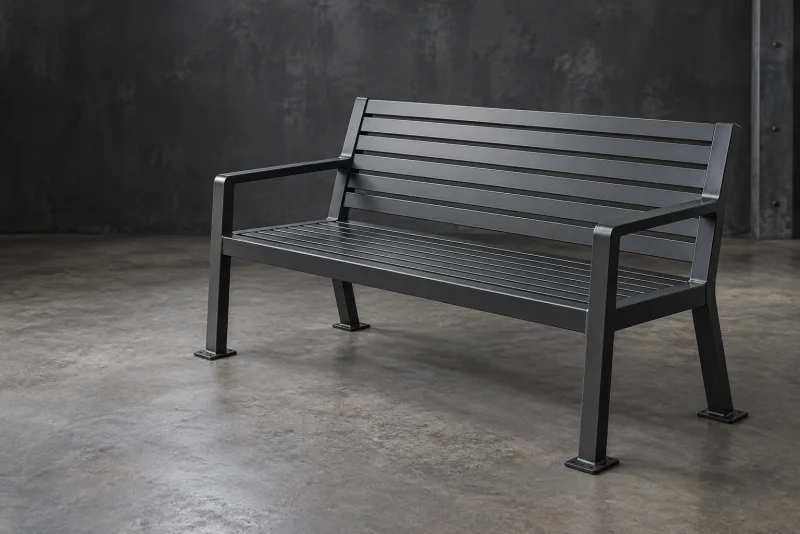 A complete metal outdoor bench with slatted seat, backrest and armrests