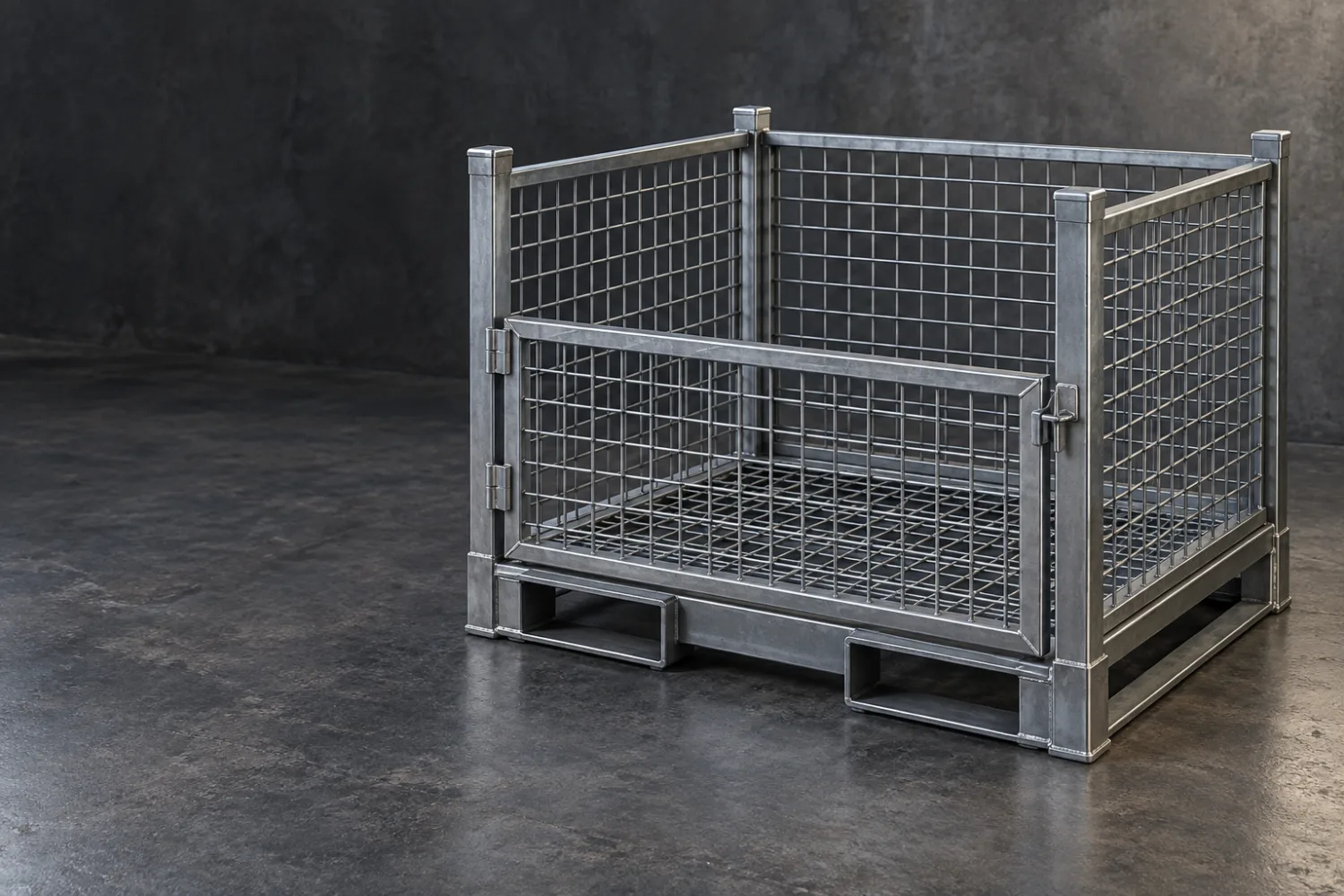 Concept illustration of a welded steel mesh pallet cage with a front access panel and fork-entry base